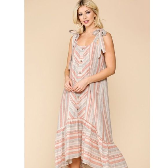 Textured Stripe Ruffle Hem Midi Dress Shoulder Tie Gigio - Picture 2 of 5